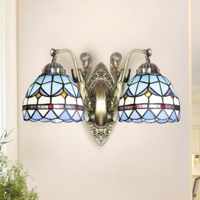Mermaid Metal Wall Light Baroque 2-Head White/Blue Sconce with Domed Stained Art Glass Shade