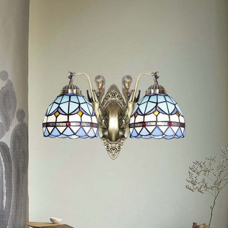 Mermaid Metal Wall Light Baroque 2-Head White/Blue Sconce with Domed Stained Art Glass Shade