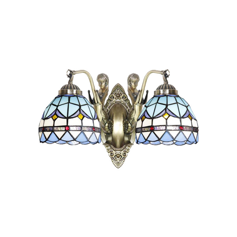 Mermaid Metal Wall Light Baroque 2-Head White/Blue Sconce with Domed Stained Art Glass Shade