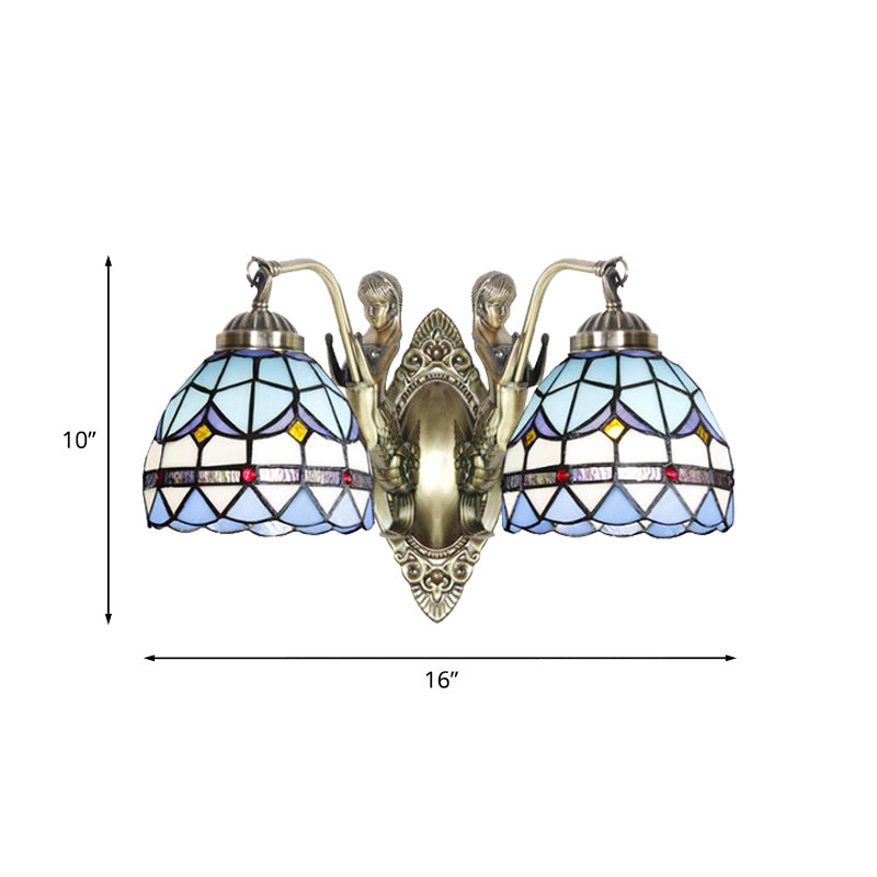 Mermaid Metal Wall Light Baroque 2-Head White/Blue Sconce with Domed Stained Art Glass Shade