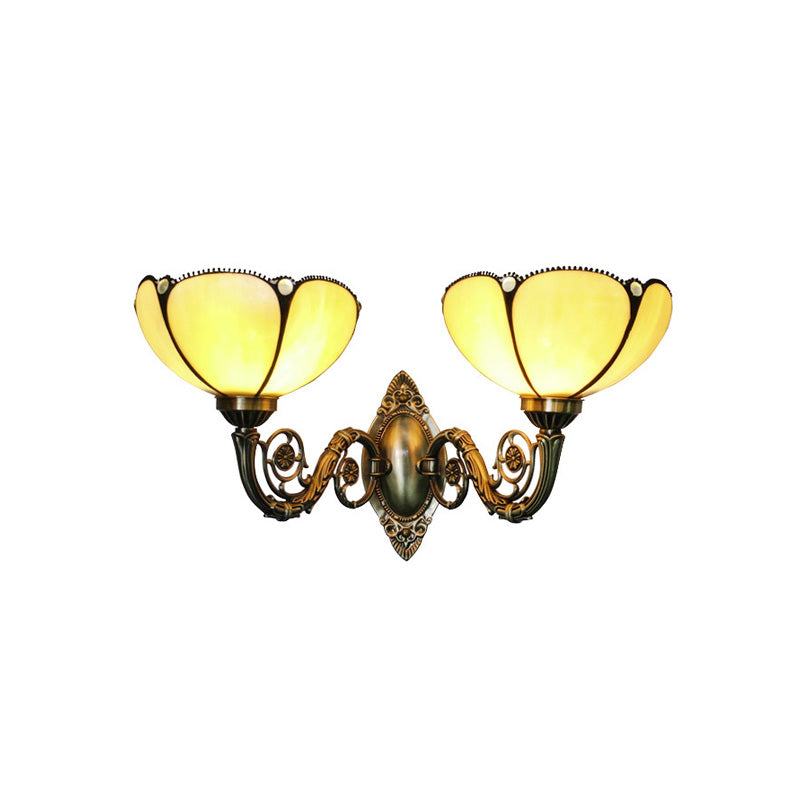 2 Heads Bedside Wall Light Fixture Baroque Bronze Surface Wall Sconce with Scalloped Beige Glass Shade