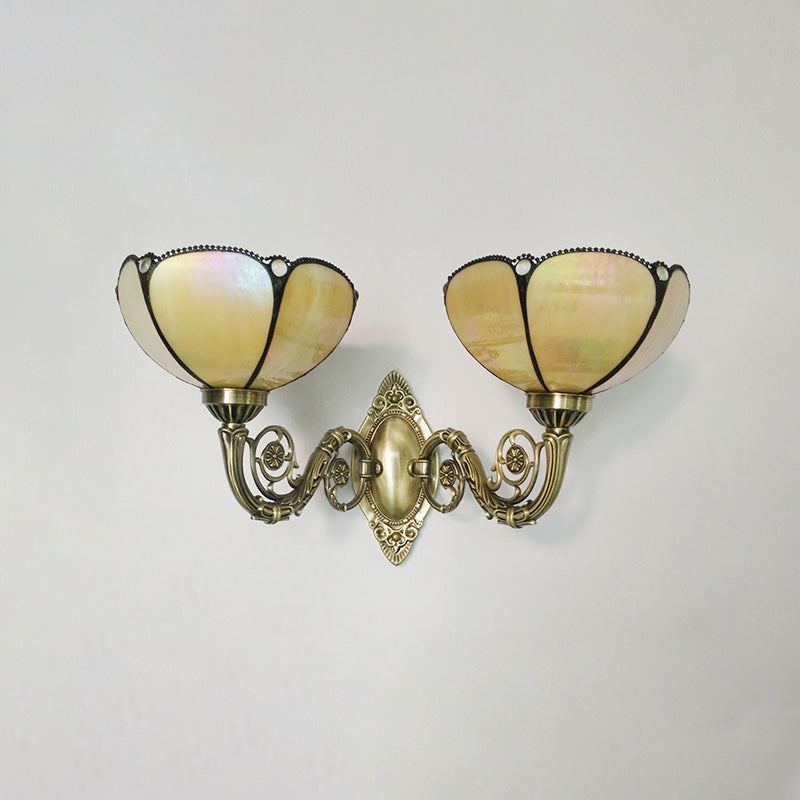 2 Heads Bedside Wall Light Fixture Baroque Bronze Surface Wall Sconce with Scalloped Beige Glass Shade