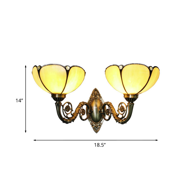 2 Heads Bedside Wall Light Fixture Baroque Bronze Surface Wall Sconce with Scalloped Beige Glass Shade