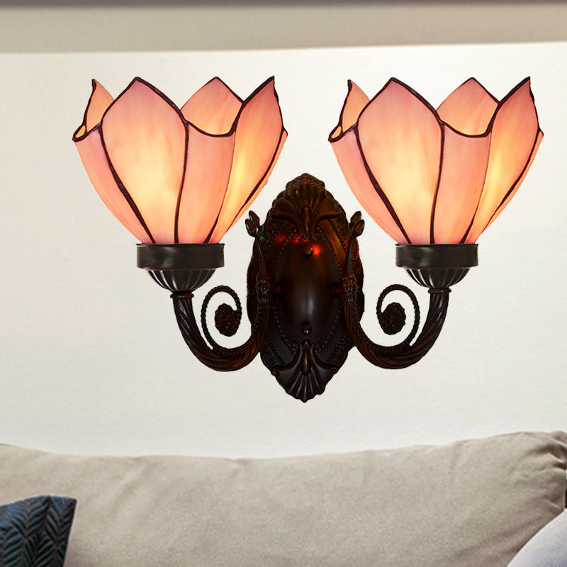 Petal Wall Sconce 2 Lights White/Pink Glass Mediterranean Wall Lighting Fixture with Swirl Arm for Living Room