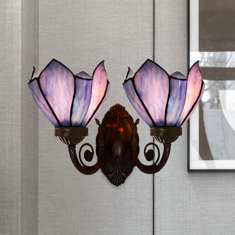 Petal Wall Sconce 2 Lights White/Pink Glass Mediterranean Wall Lighting Fixture with Swirl Arm for Living Room