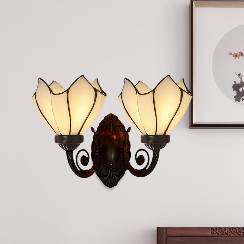 Petal Wall Sconce 2 Lights White/Pink Glass Mediterranean Wall Lighting Fixture with Swirl Arm for Living Room