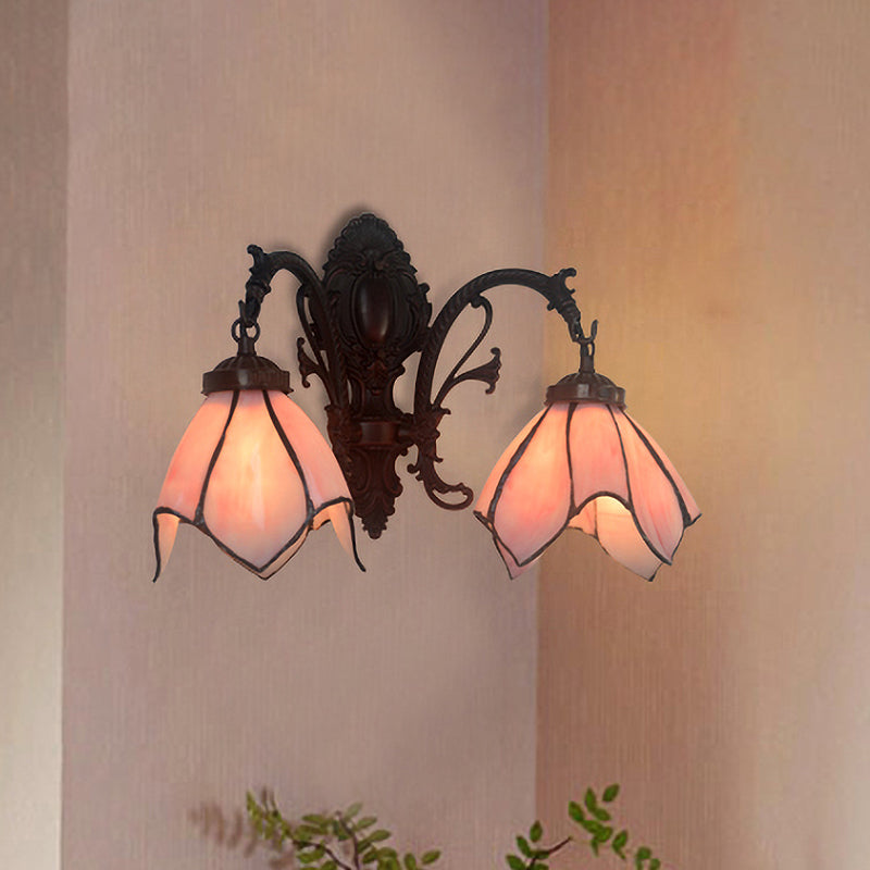 White/Pink Glass Copper Wall Light Sconce Lotus 2 Bulbs Victorian Wall Mount Lamp with Curved Arm