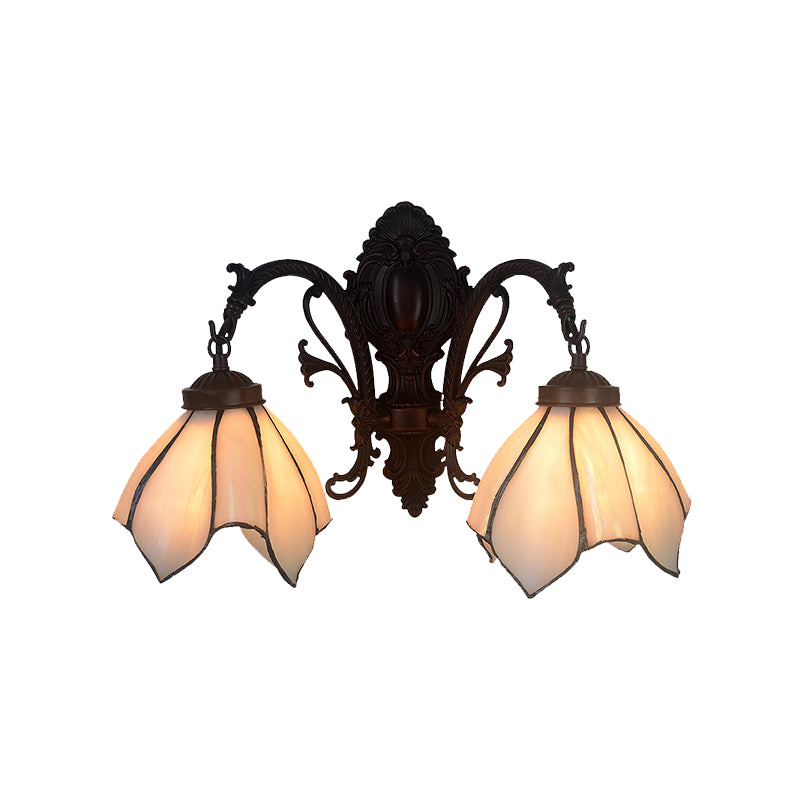 White/Pink Glass Copper Wall Light Sconce Lotus 2 Bulbs Victorian Wall Mount Lamp with Curved Arm