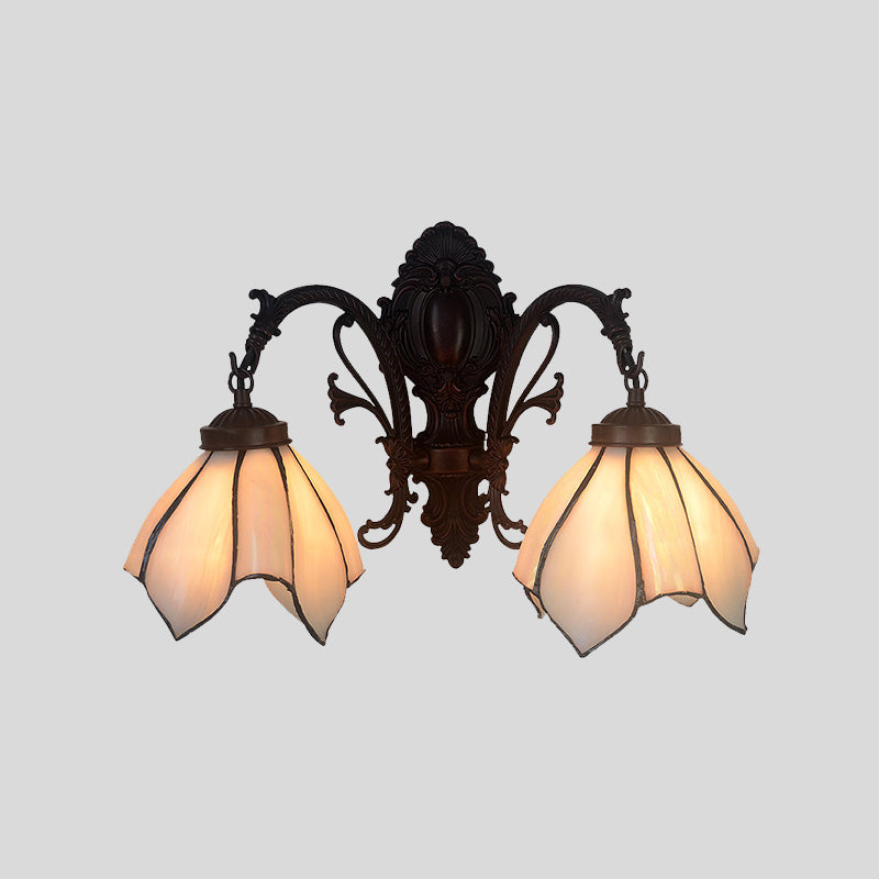 White/Pink Glass Copper Wall Light Sconce Lotus 2 Bulbs Victorian Wall Mount Lamp with Curved Arm