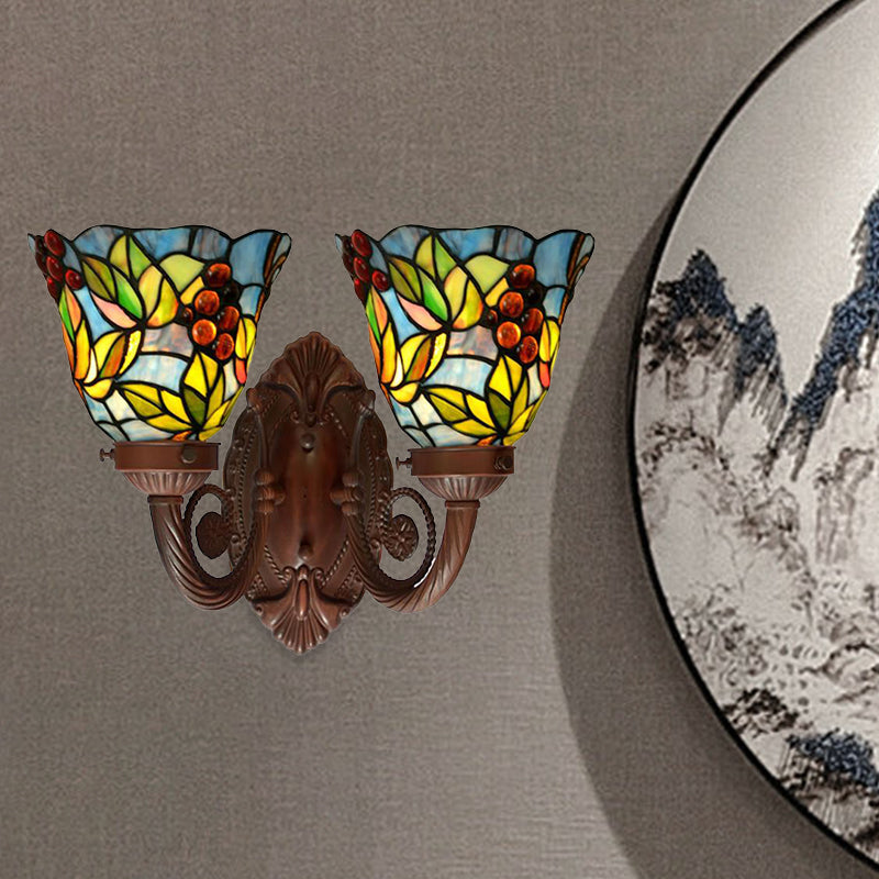 Pink/Blue Flared Wall Sconce Lighting Mediterranean 2 Heads Hand Cut Glass Wall Light Fixture with Fruit Pattern