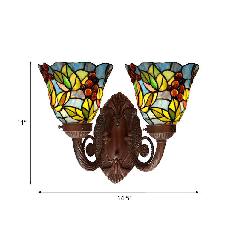 Pink/Blue Flared Wall Sconce Lighting Mediterranean 2 Heads Hand Cut Glass Wall Light Fixture with Fruit Pattern