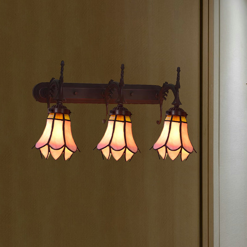 Mission Flower/Morning Glory Sconce 3 Lights Pink Glass Wall Mount Light Fixture with Curved Arm for Dining Room