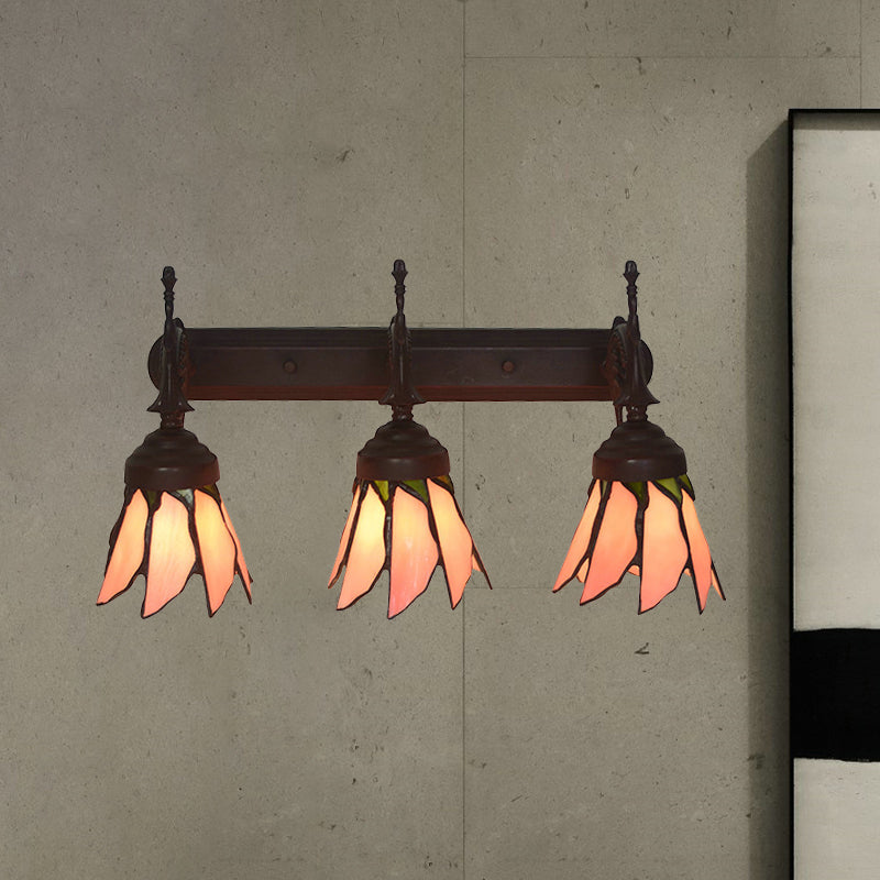 Mission Flower/Morning Glory Sconce 3 Lights Pink Glass Wall Mount Light Fixture with Curved Arm for Dining Room