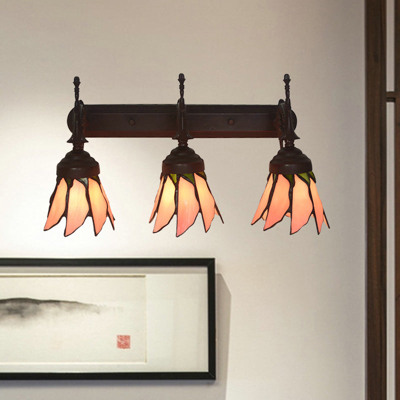 Mission Flower/Morning Glory Sconce 3 Lights Pink Glass Wall Mount Light Fixture with Curved Arm for Dining Room