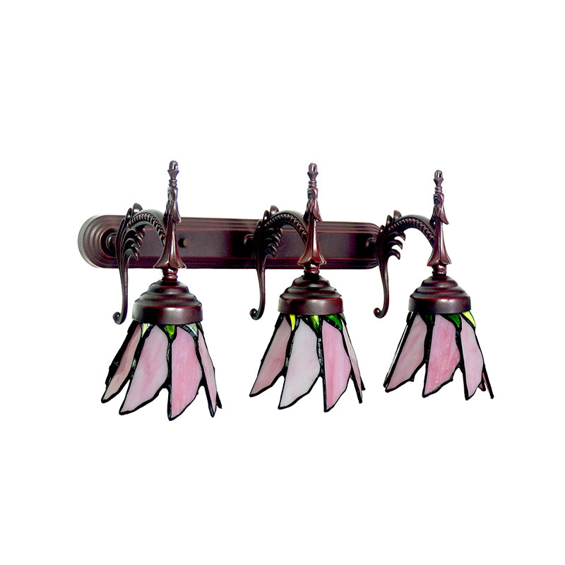 Mission Flower/Morning Glory Sconce 3 Lights Pink Glass Wall Mount Light Fixture with Curved Arm for Dining Room