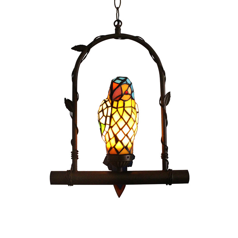 Victorian Parrot Wall Mounted Light Mediterranean 1 Light Stained Art Glass Sconce in Yellow with Perch Swing