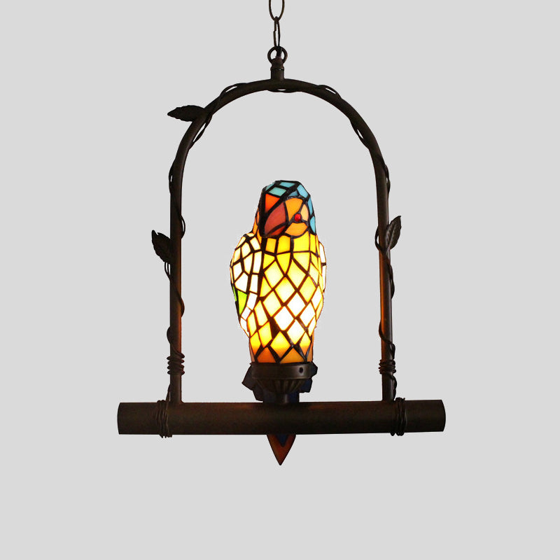 Victorian Parrot Wall Mounted Light Mediterranean 1 Light Stained Art Glass Sconce in Yellow with Perch Swing