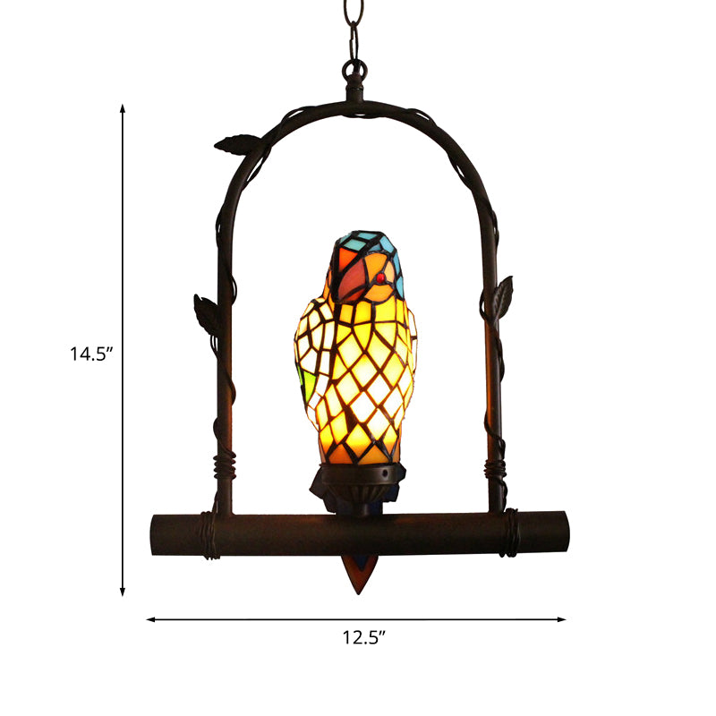 Victorian Parrot Wall Mounted Light Mediterranean 1 Light Stained Art Glass Sconce in Yellow with Perch Swing