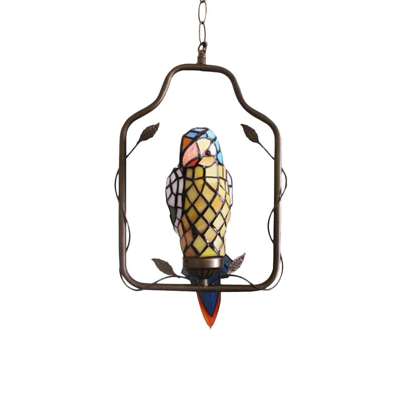 Yellow 1 Head Sconce Light Tiffany Style Hand Cut Glass Parrot Shaped Wall Lighting Ideas with Perch Swing