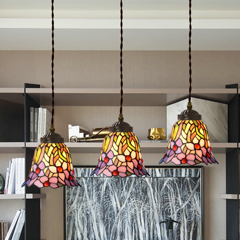 3-Light Dining Room Multi Pendant Light Mediterranean Pink/Blue/Green Hanging Lamp with Flared/Dome Stained Glass Shade