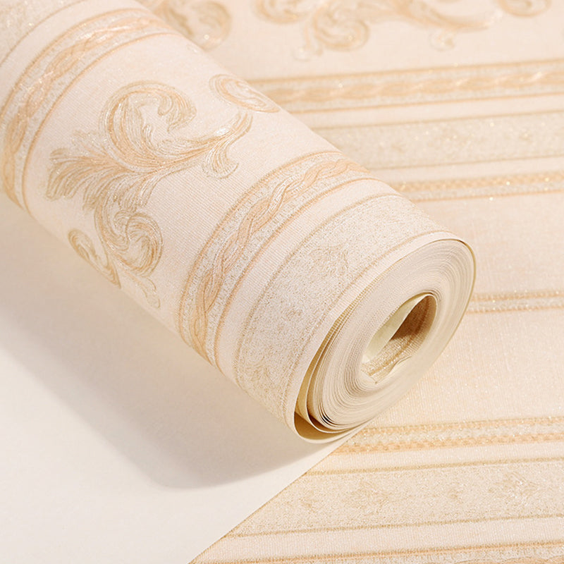 Vinyl Water-Resistant Wallpaper with Natural Color Stripe and Floral Design, 54.2 sq ft.