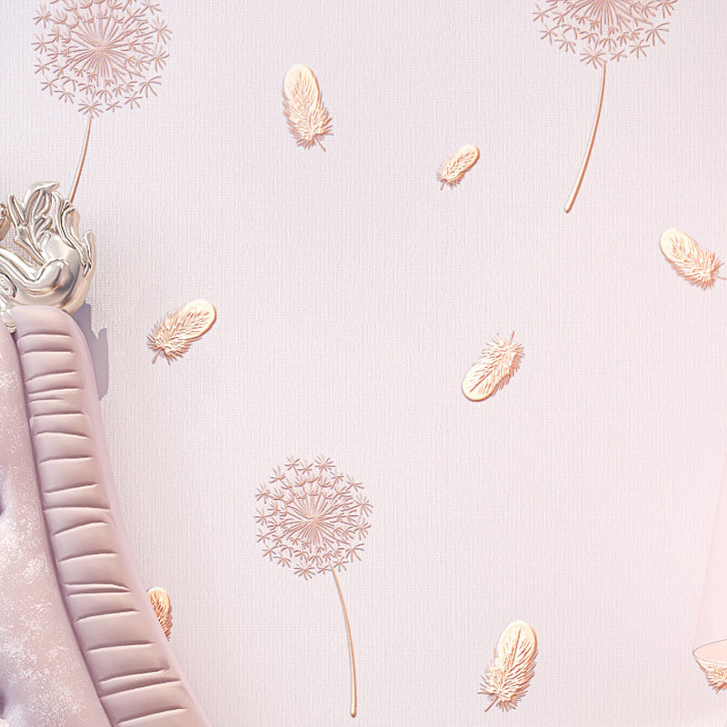 Pink Dandelion and Feather Wallpaper for Girl, 33-foot x 20.5-inch Moisture-Resistant Non-Pasted