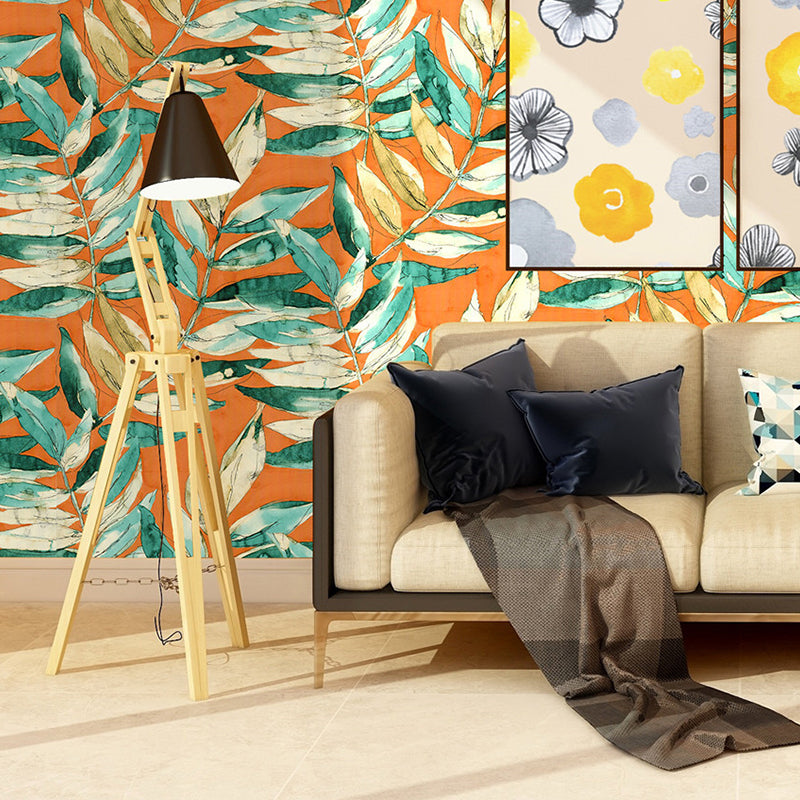 Plaster Wallpaper with Chinese Wash Painting of Leaves, Dyed Red, 33-foot x 20.5-inch