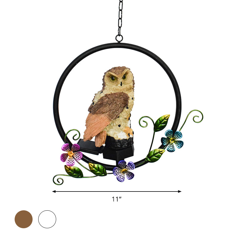 Resin Owl Hanging Pendant Light Modern LED Solar Suspension Lamp with Flower Decor in Brown/White
