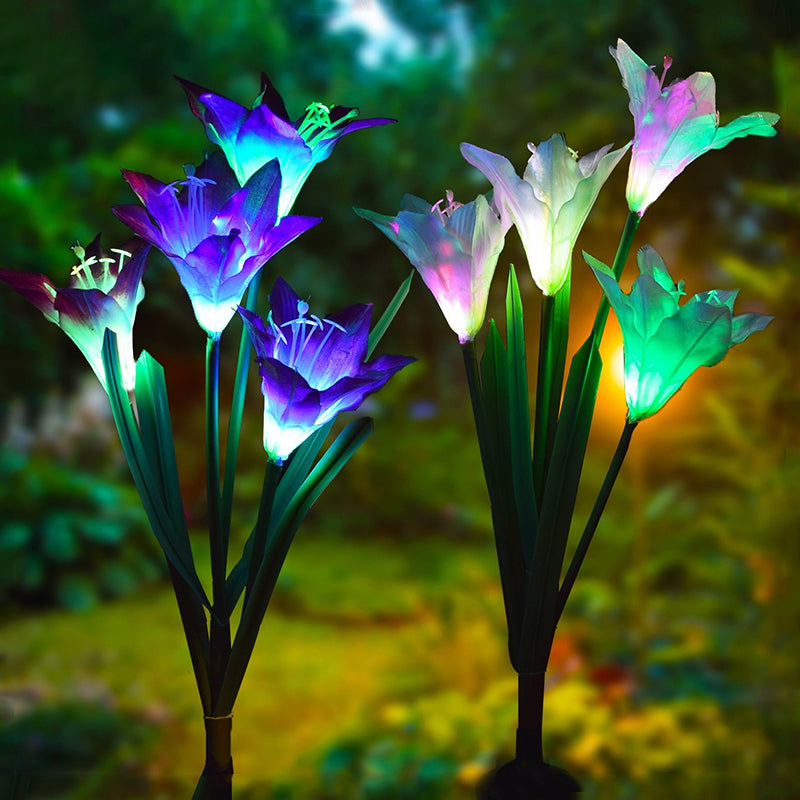 4-Bulb Lawn Ground Light Modern White/Purple/Red Solar LED Path Lamp with Artificial Lily Fabric Shade, 2 Packs