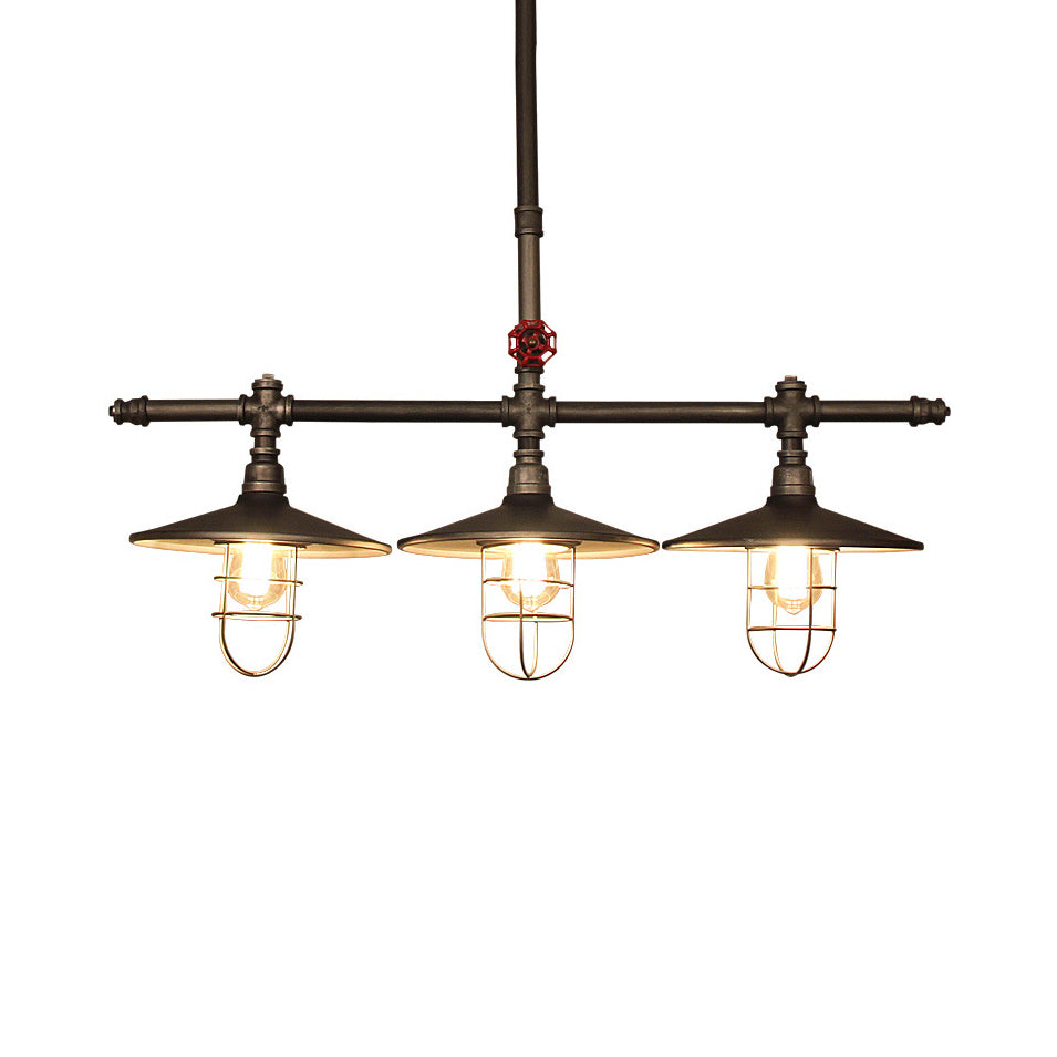 Coastal Caged Island Light Metal 3-Light Linear Pendant with Pipe over Island