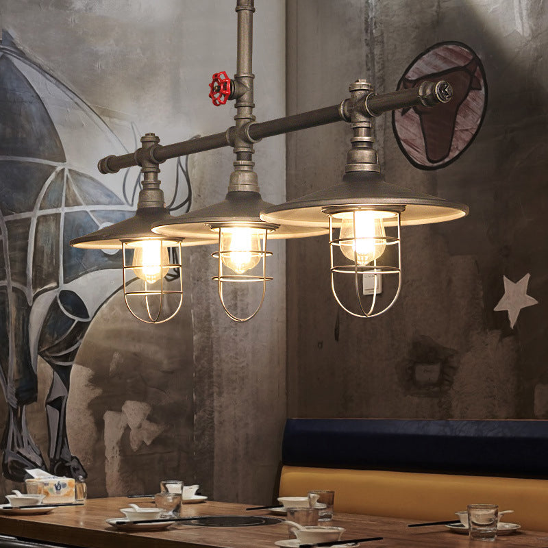 Coastal Caged Island Light Metal 3-Light Linear Pendant with Pipe over Island