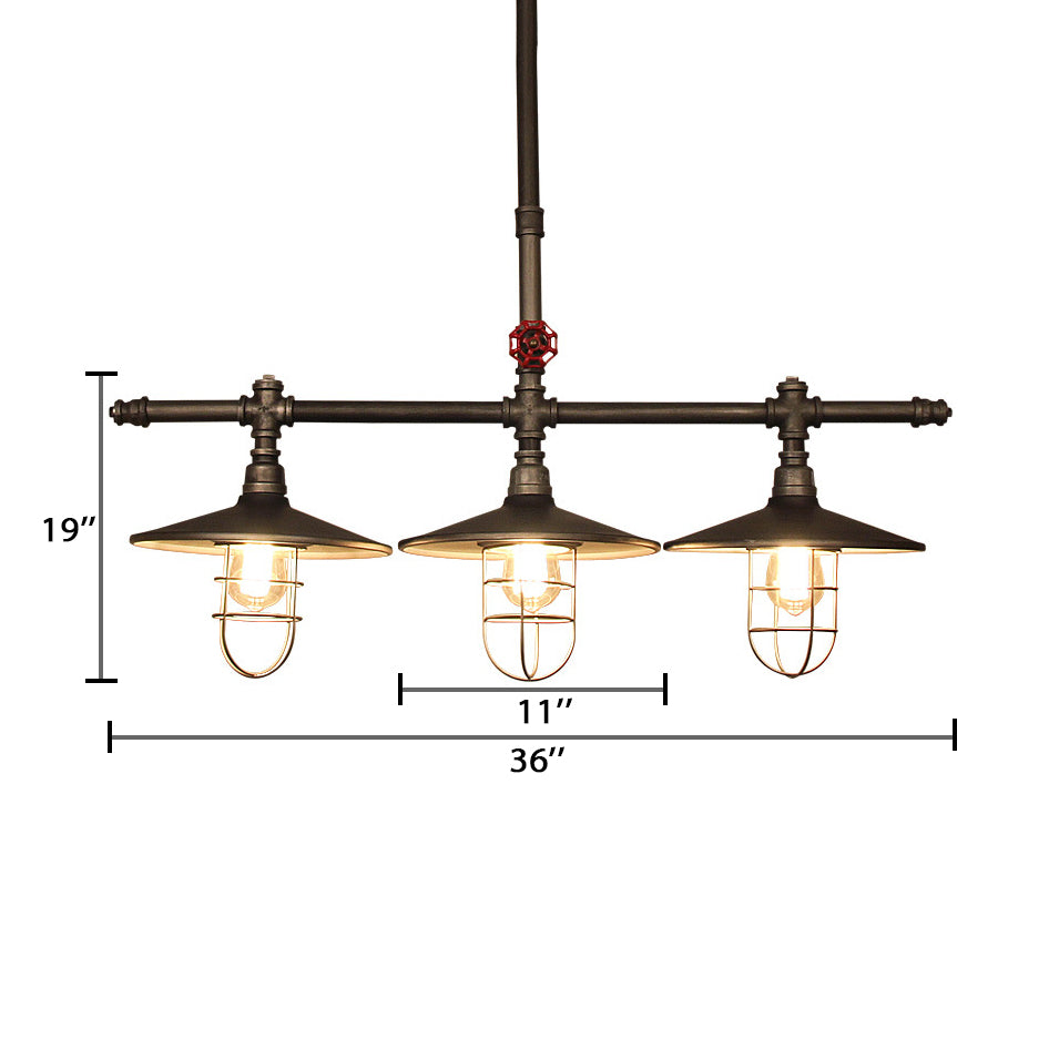 Coastal Caged Island Light Metal 3-Light Linear Pendant with Pipe over Island