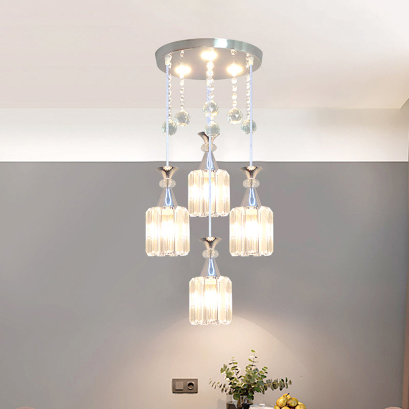 Silber Finish Zylinder mehrere hängende Licht moderne 4 Köpfe Kristallblockpendel Lampe
