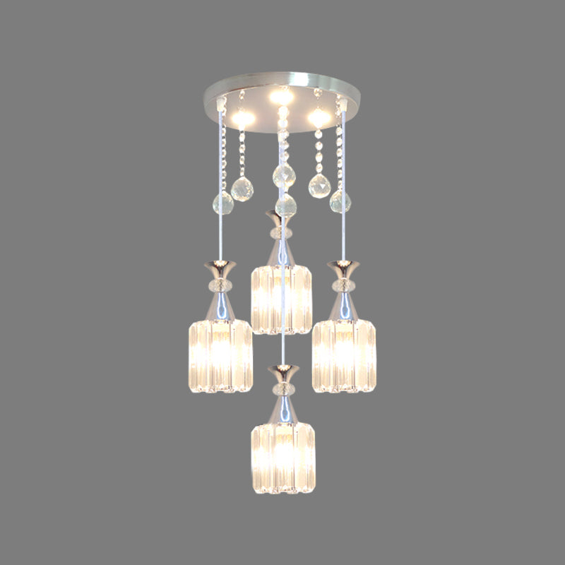 Silber Finish Zylinder mehrere hängende Licht moderne 4 Köpfe Kristallblockpendel Lampe