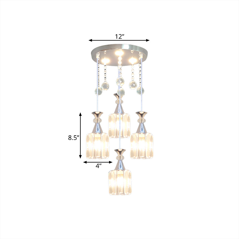 Silber Finish Zylinder mehrere hängende Licht moderne 4 Köpfe Kristallblockpendel Lampe