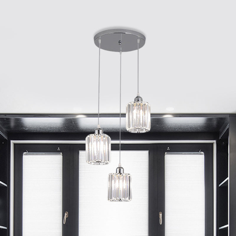Cylinder Clear Crystal Block Multi Light Pendant Modernism 3 Bulbs Chrome Hanging Lamp Kit