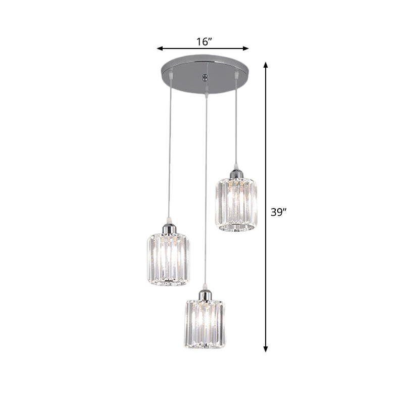 Cylinder Clear Crystal Block Multi Light Pendant Modernism 3 Bulbs Chrome Hanging Lamp Kit