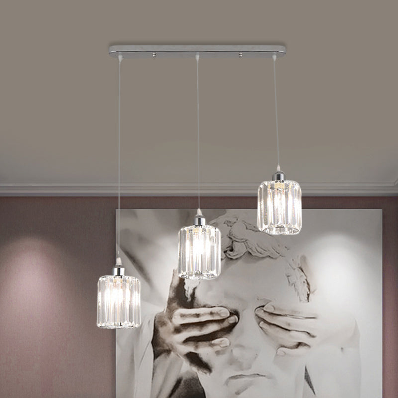 3-Light Restaurant Multi Light Ceiling Light Minimal Chrome Pendant with Cylinder Clear Crystal Shade