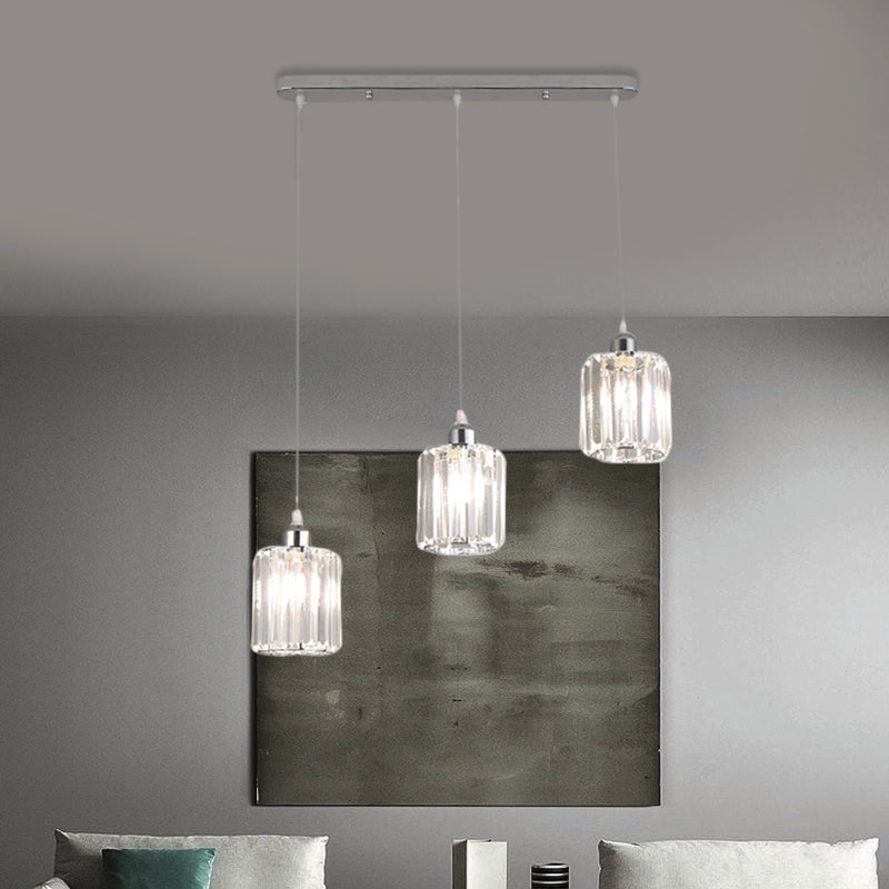 3-Light Restaurant Multi Light Ceiling Light Minimal Chrome Pendant with Cylinder Clear Crystal Shade
