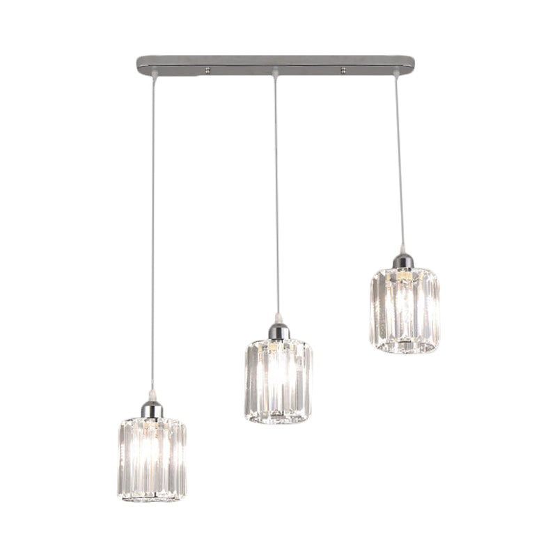 3-Light Restaurant Multi Light Ceiling Light Minimal Chrome Pendant with Cylinder Clear Crystal Shade