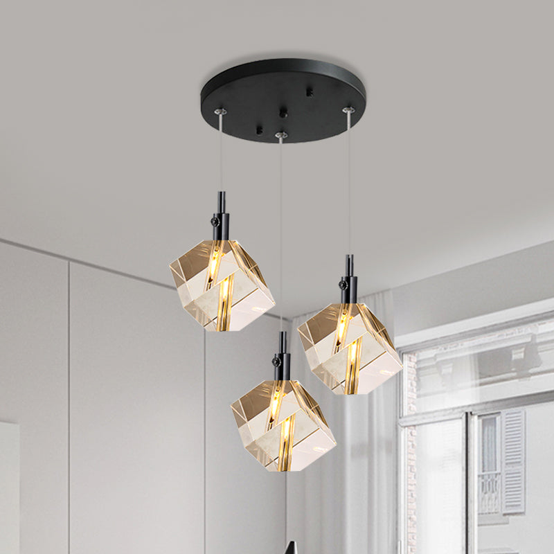 Modernistische Würfel Multi-Pendelleuchte leichte Kristallglas 3-Kopf-Esszimmer LED-Federung in Schwarz