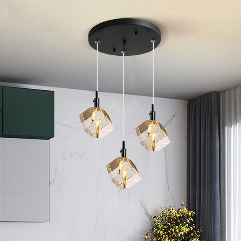 Modernistische Würfel Multi-Pendelleuchte leichte Kristallglas 3-Kopf-Esszimmer LED-Federung in Schwarz