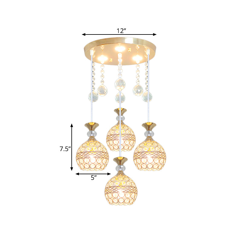 Globe Dining Room Multi-Pendant Crystal Encrusted 3-Bulb Modernism Hanging Ceiling Light in Gold