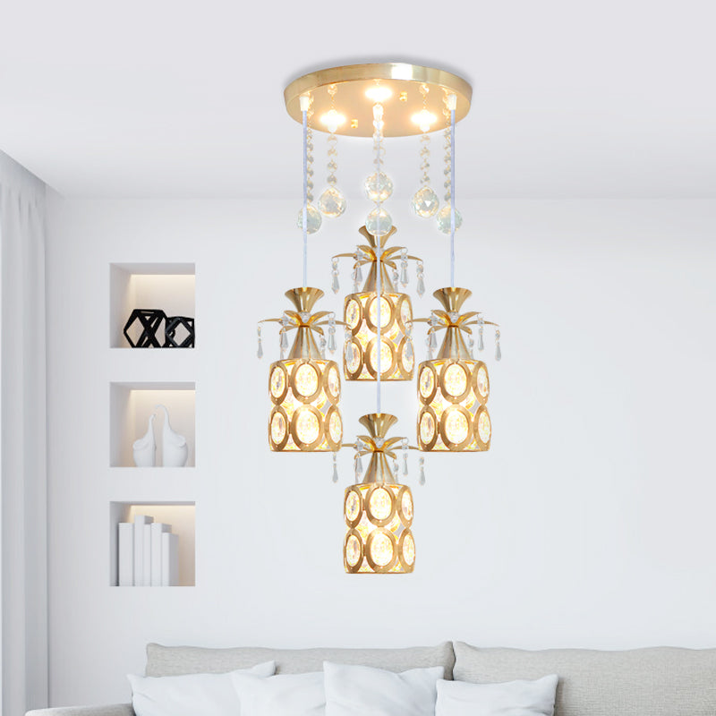 Zeitgenössische 4 Lichter Multi -Deckenlampe mit Kristall eingebetteter Schatten Gold Finish Zylinder Anhänger