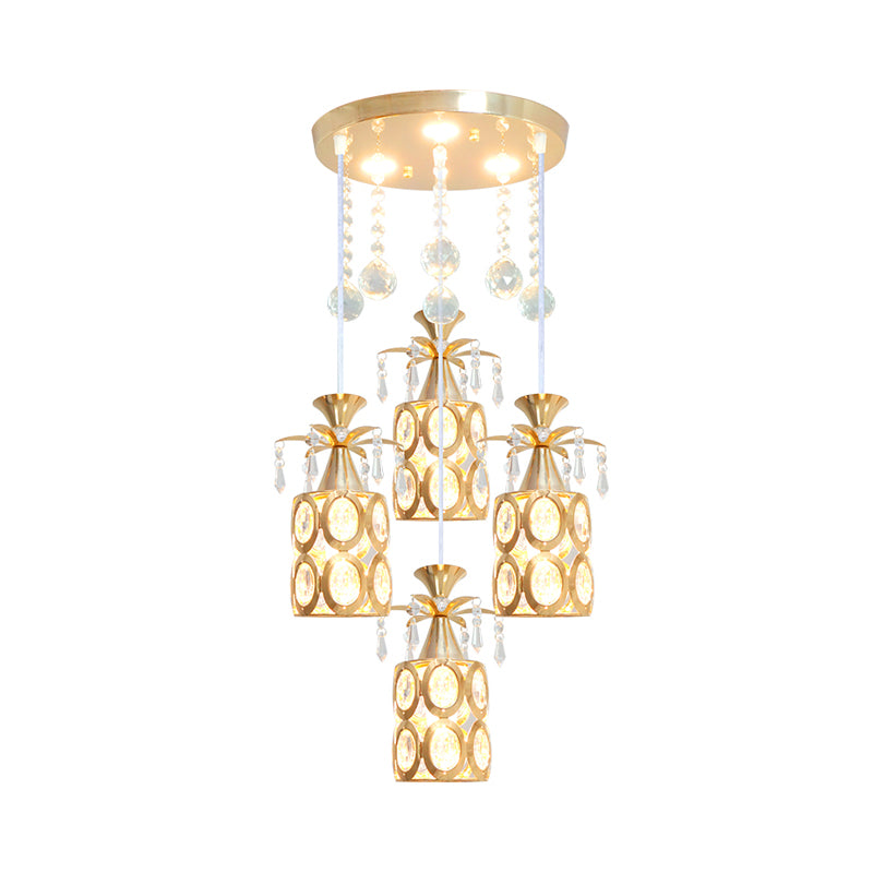 Zeitgenössische 4 Lichter Multi -Deckenlampe mit Kristall eingebetteter Schatten Gold Finish Zylinder Anhänger