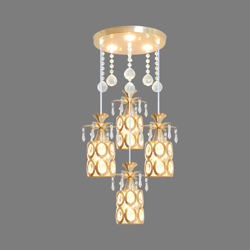 Zeitgenössische 4 Lichter Multi -Deckenlampe mit Kristall eingebetteter Schatten Gold Finish Zylinder Anhänger