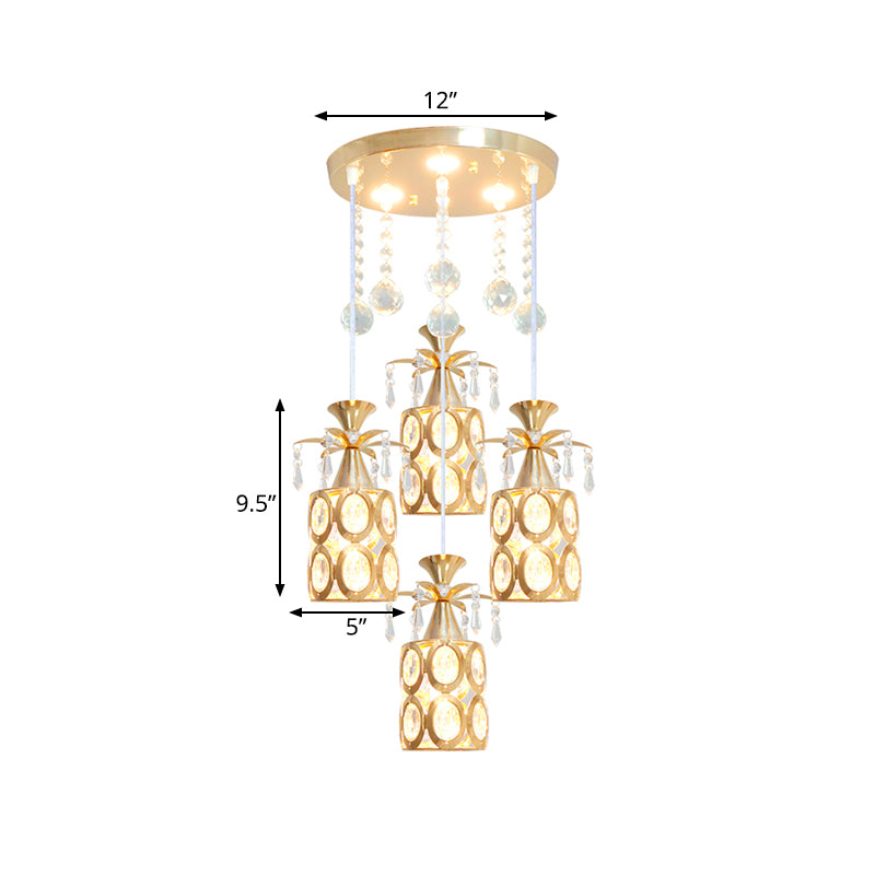Zeitgenössische 4 Lichter Multi -Deckenlampe mit Kristall eingebetteter Schatten Gold Finish Zylinder Anhänger