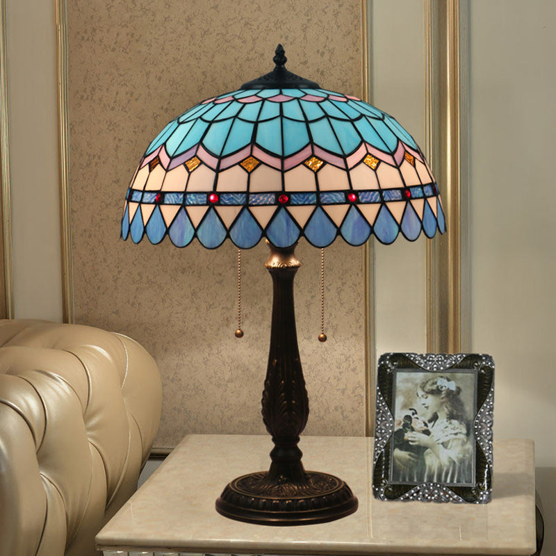 Dome Shaped Pull Chain Night Table Lighting Tiffany Stained Glass 1-Head Bronze Nightstand Lamp