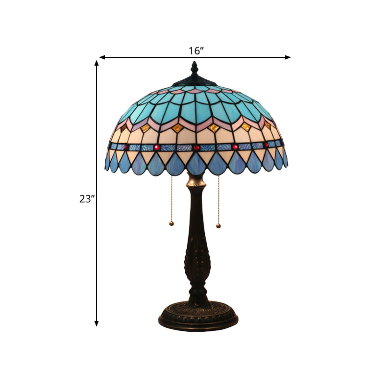 Dome Shaped Pull Chain Night Table Lighting Tiffany Stained Glass 1-Head Bronze Nightstand Lamp