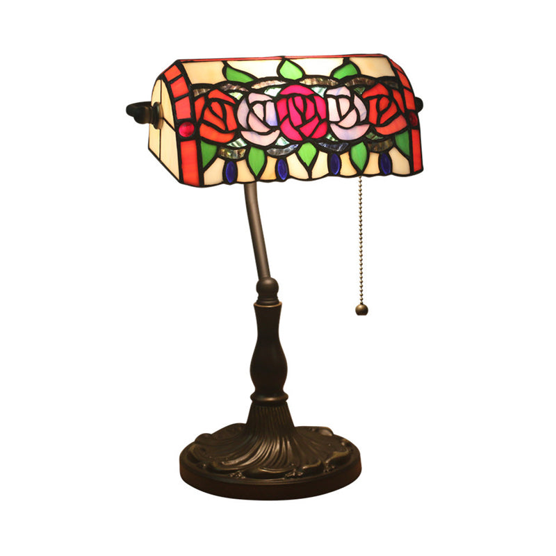 Rose Night Lighting 1-Light Stained Art Glass Mediterranean Desk Lamp in Bronze with Pull Chain